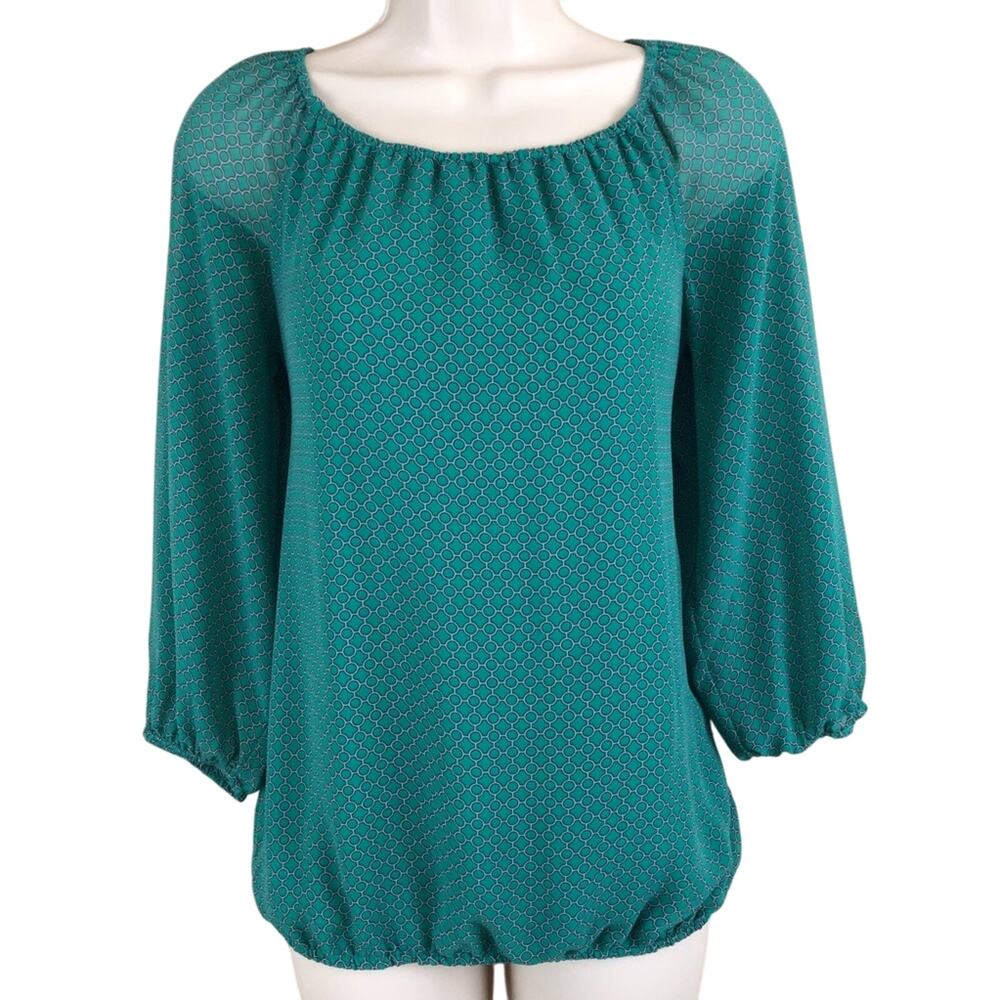 Ann Taylor Green Gray Trellis Print Scoop Neck Long Sleeve Loose Fit Popover top